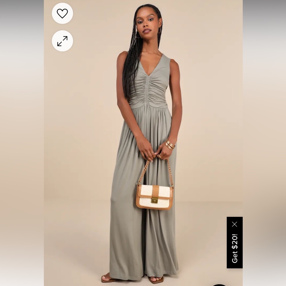 Lulus Breezy Fascination Sage Green Ruched Cutout Jumpsuit
